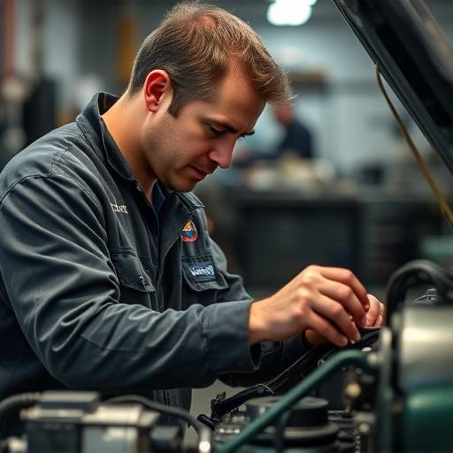 David Lee, Senior Technician, focused while working on an engine.