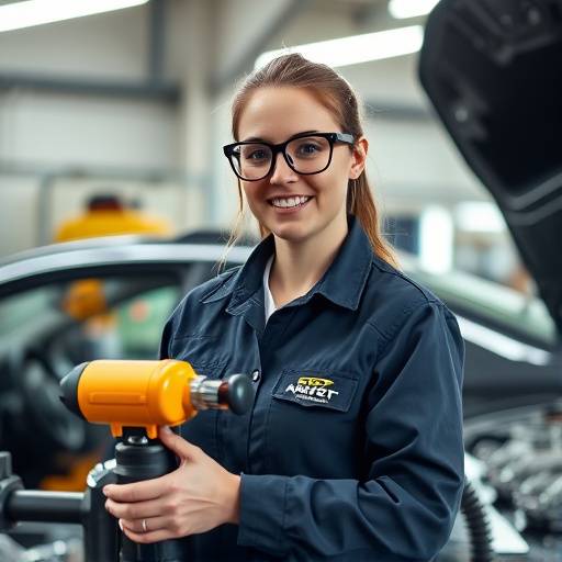 Sarah Jones, MOT Tester, wearing safety glasses and holding testing equipment.