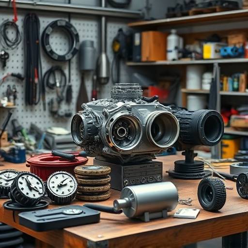 Various engine parts laid out on a workbench